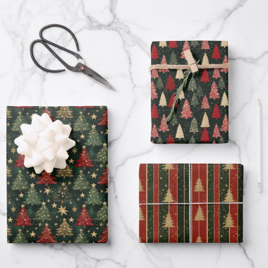 Kerst TRIO Bomen en Strepen Wrapping Paper (Voorkant)