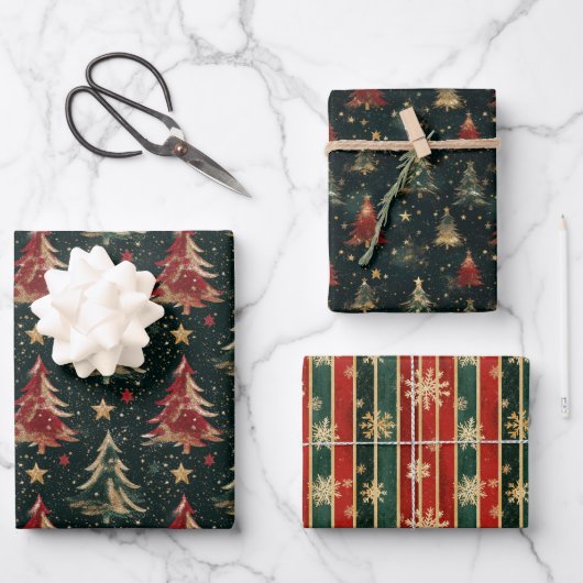 Kerst TRIO Bomen en Strepen Wrapping Paper (Voorkant)