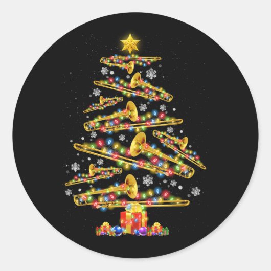 Kerst Trombone Speler Xmas Tree Jazz Muziek Liefde Ronde Sticker (Voorkant)