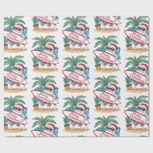 Kerst Tropische Palm Tree Beach Surfen Santa Cadeaupapier (Vlak)