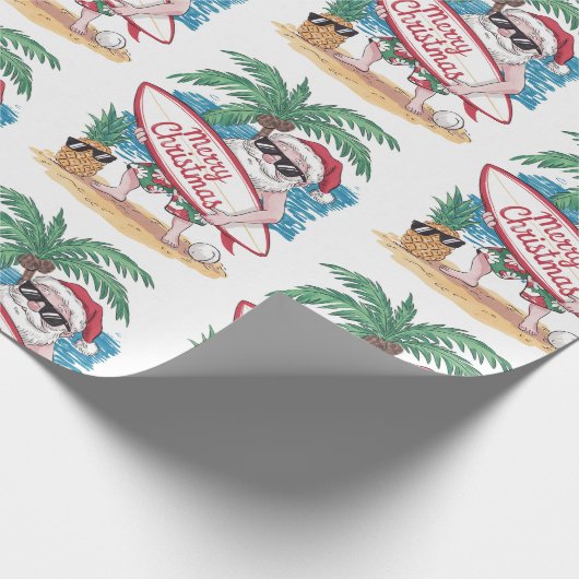 Kerst Tropische Palm Tree Beach Surfen Santa Cadeaupapier (Hoek)