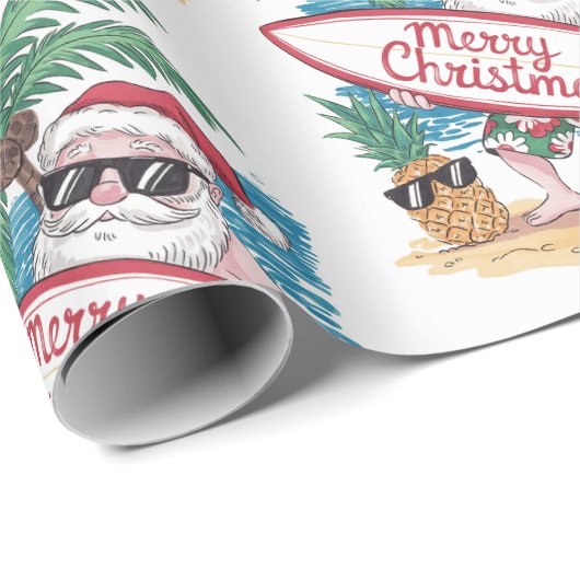 Kerst Tropische Palm Tree Beach Surfen Santa Cadeaupapier (Rol Hoek)