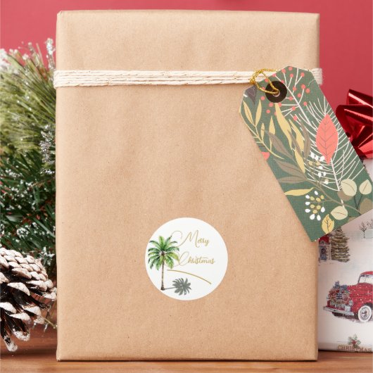 Kerst Tropische Palmboom Goud Vrolijk Ronde Sticker (Feestdagen)