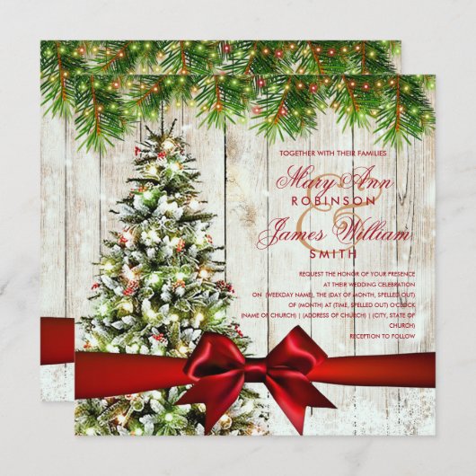 Kerst Trouwboom, Lichten & Rood Lint Kaart (Voorkant / Achterkant)