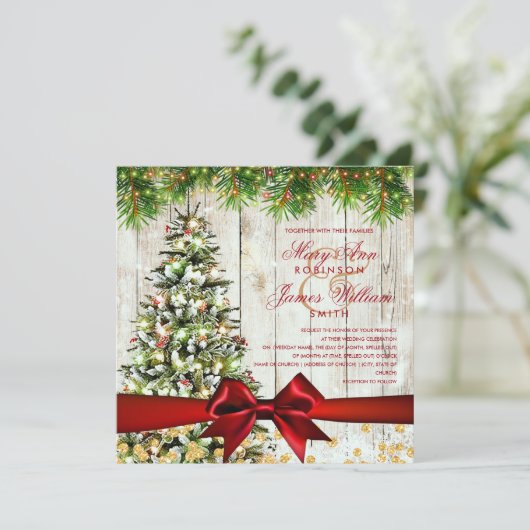 Kerst Trouwboom, Lichten & Rood Lint Kaart (Staand voorkant)