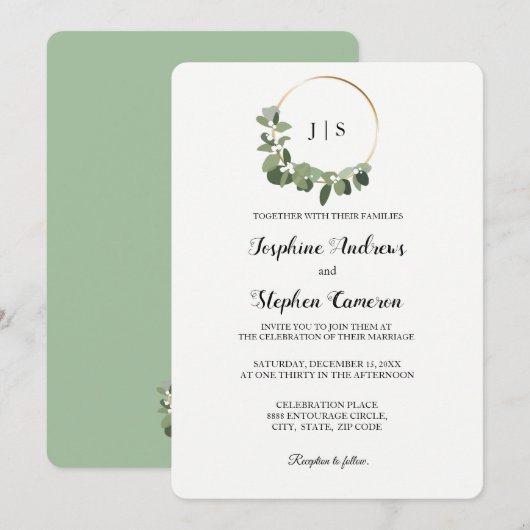 Kerst Trouwen Gouden Groene Krans Elegant Kaart (Voorkant / Achterkant)