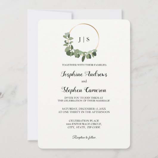 Kerst Trouwen Gouden Groene Krans Elegant Kaart (Voorkant)