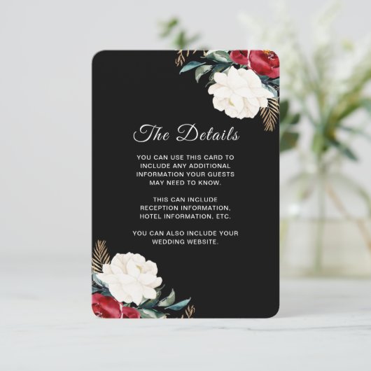 Kerst Trouwen Zwart Bloemen Gastinformatie E Informatiekaartje (Staand voorkant)