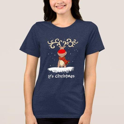 Kerst-trui met rendier met rode neus Tri-Blend shirt (Voorkant)