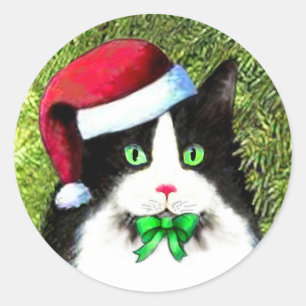 Kerst Tuxedo Kat met Boog Ronde Sticker