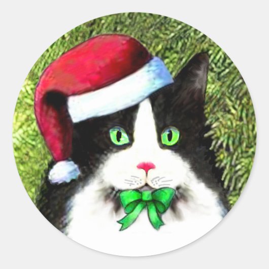Kerst Tuxedo Kat met Boog Ronde Sticker (Voorkant)