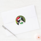 Kerst Tuxedo Kat met Boog Ronde Sticker (Envelop)