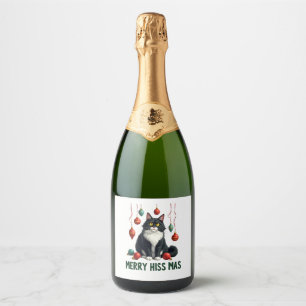 Kerst Tuxedo Kat met Vakantie Decoraties Merr Sparkling Wijnetiket