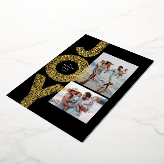 Kerst twee foto gespikkeld goud zwart modern folie feestdagenkaart (Gedraaid)