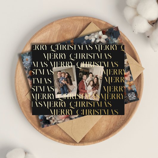 Kerst twee foto retro bloemig folie feestdagen briefkaart