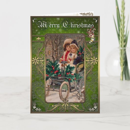 Kerst - Twee meisjes in de auto in de winter. Feestdagen Kaart (Voorkant)