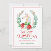 Kerst typografie poinsettia & eenhoorn krans feestdagenkaart (Voorkant)