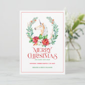 Kerst typografie poinsettia & eenhoorn krans feestdagenkaart (Staand voorkant)
