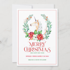 Kerst typografie poinsettia & eenhoorn krans feestdagenkaart