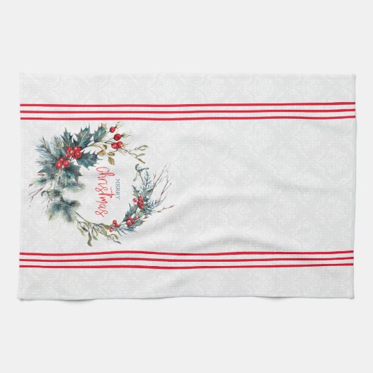 Kerst typografie rode bessen waterverf krans theedoek (Horizontaal)