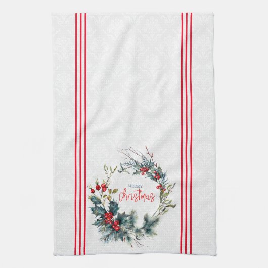 Kerst typografie rode bessen waterverf krans theedoek (Verticaal)