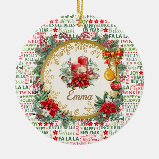 Kerst Typografie Rood & Groen Naadloos Patroon Keramisch Ornament (Voorkant)