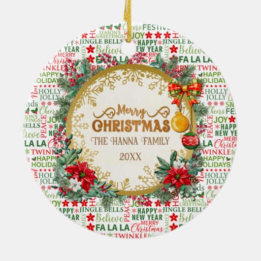 Kerst Typografie Rood & Groen Naadloos Patroon Keramisch Ornament (Achterkant)