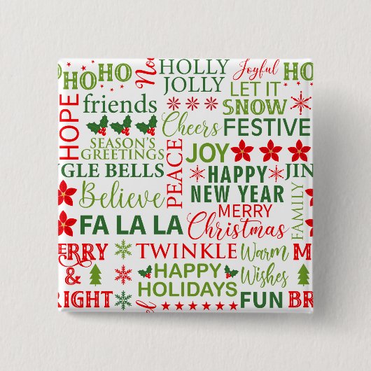 Kerst Typografie Rood & Groen Naadloos Patroon Vierkante Button 5,1 Cm (Voorkant)