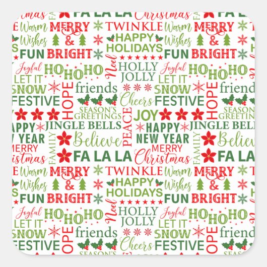 Kerst Typografie Rood & Groen Naadloos Patroon Vierkante Sticker (Voorkant)