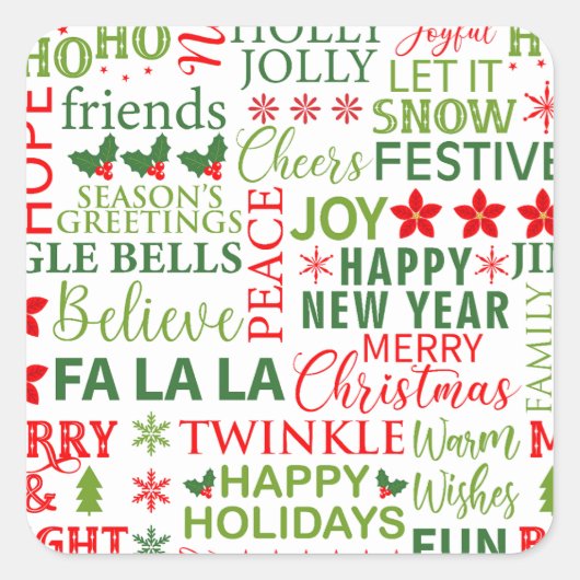 Kerst Typografie Rood & Groen Naadloos Patroon Vierkante Sticker (Voorkant)
