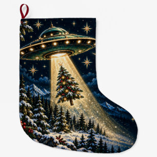 Kerst UFO die de Kerstboom oplaadt Grote Kerstsok