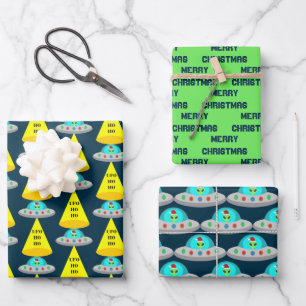 Kerst UFO Ho Alien vliegende schotel Custom Inpakpapier Vel