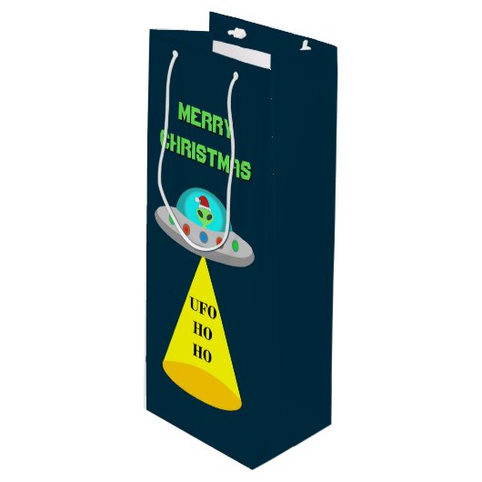 Kerst UFO Ho Alien vliegende schotel Custom Wijn Cadeautas (Voorkant Gekanteld)