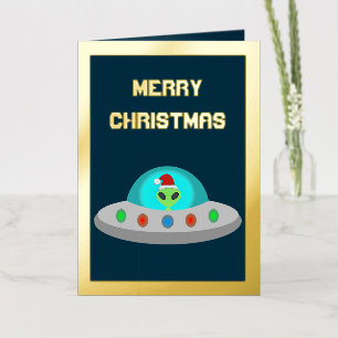 Kerst UFO Ho Ho Alien vliegende schotel Maatwerk Folie Wenskaart