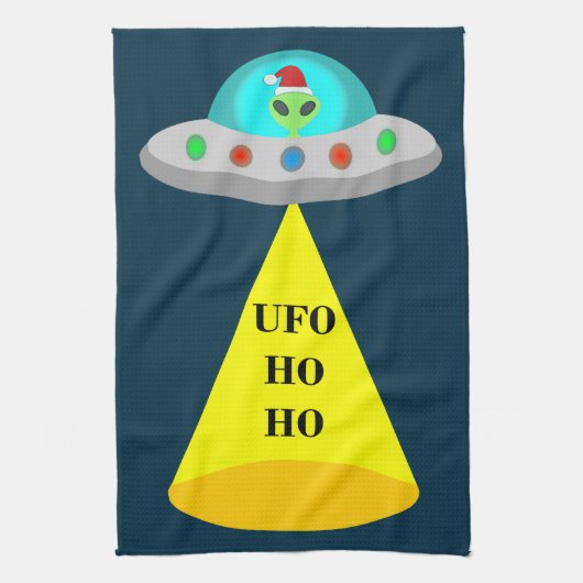 Kerst UFO Ho Ho Alien vliegende schotel Theedoek (Verticaal)