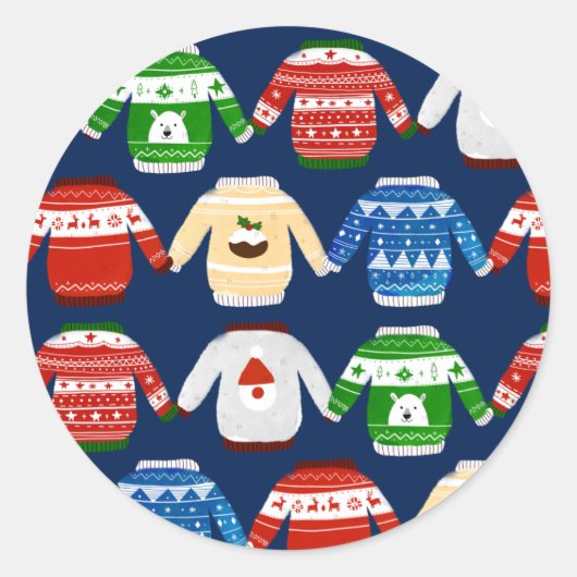 Kerst Ugly sweater Blue Ronde Sticker (Voorkant)