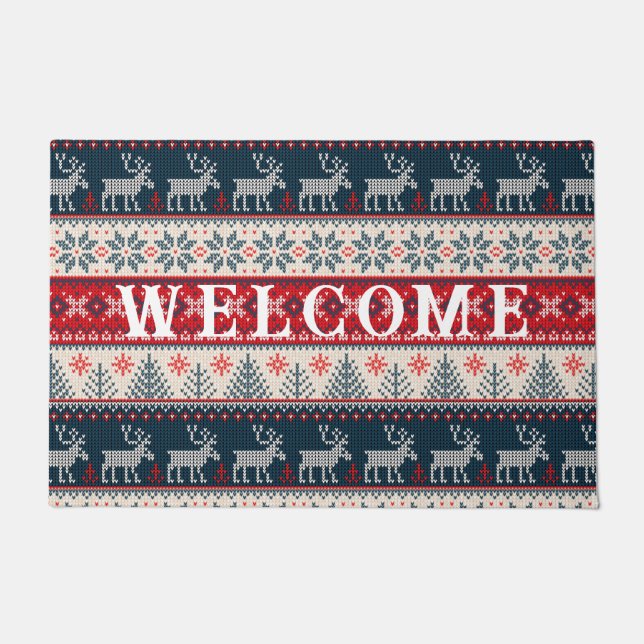 Kerst Ugly Sweater Faux Knitting Reindeer Deurmat (Voorkant)