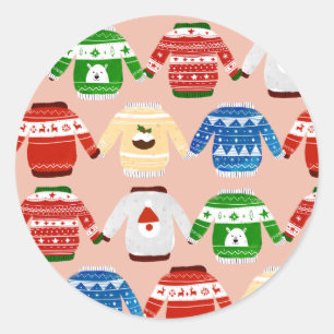 Kerst Ugly sweater Pink Ronde Sticker