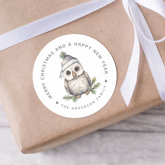 Kerst Uil Gepersonaliseerde Gift en Envelop Ronde Sticker