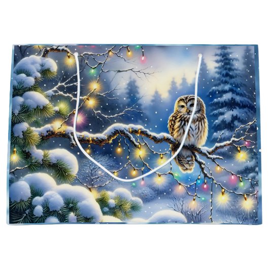 Kerst uil in een magisch winterbos groot cadeauzakje (Voorkant)
