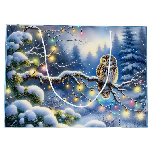 Kerst uil in een magisch winterbos groot cadeauzakje (Achterkant)
