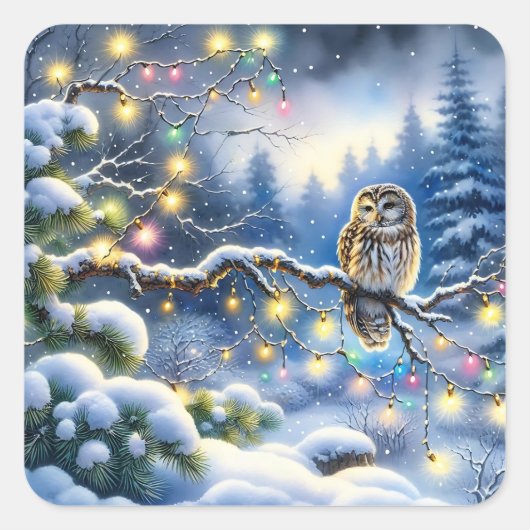 Kerst uil in een magisch winterbos vierkante sticker (Voorkant)
