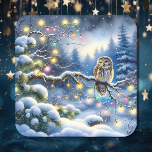 Kerst uil in een magisch winterbos vierkante sticker