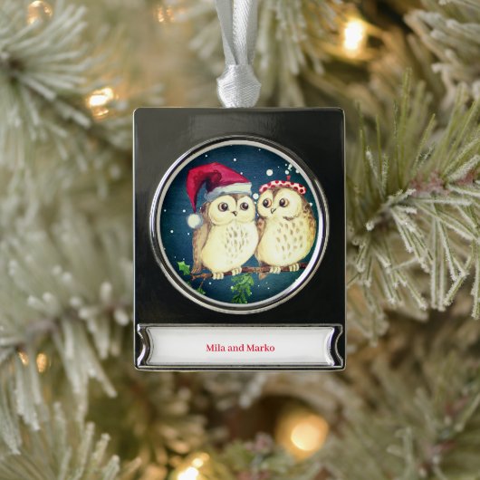 Kerst uilen in liefde zoet verzilverd banner ornament (Boom)