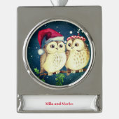 Kerst uilen in liefde zoet verzilverd banner ornament (Voorkant)