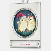 Kerst uilen in liefde zoet verzilverd banner ornament (Links)