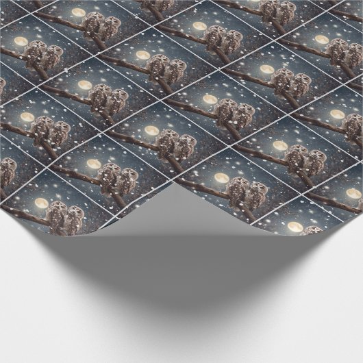 Kerst Uilen in Sneeuwvlokken Cadeaupapier (Hoek)