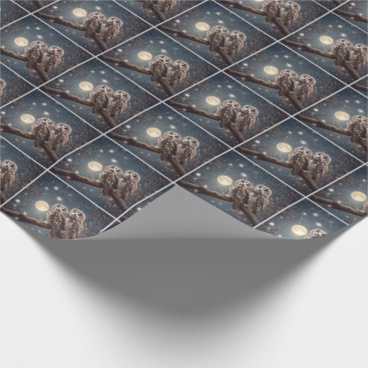 Kerst Uilen met Volle Maan Cadeaupapier (Hoek)