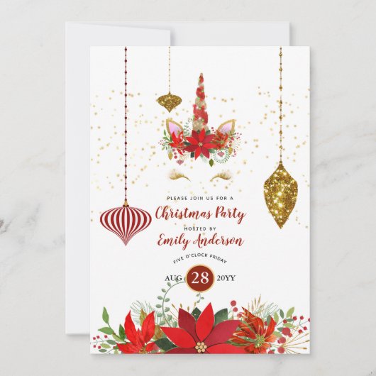 Kerst Unicorn Face Party Red Gold Fun Modern Kaart (Voorkant)