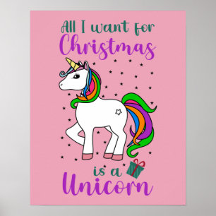 Kerst Unicorn Magical Rainbow Green Paars Poster